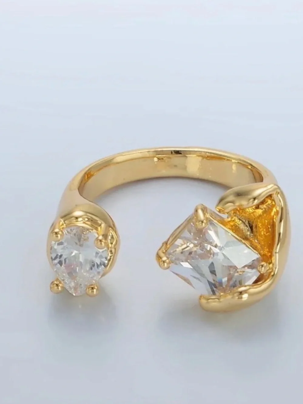 24K Gold Filled Clear CZ Baguette Teardrop Molten Wrap Ring sz 6.5 Adjustable